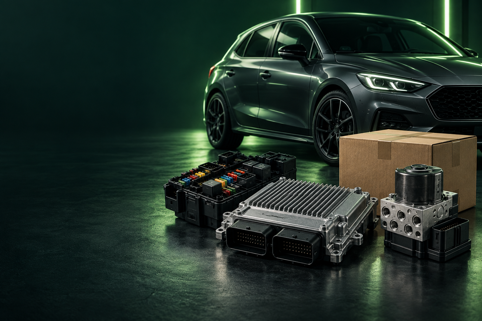 Ilustración de automóvil, electrónica automotriz y embalaje de repuestos